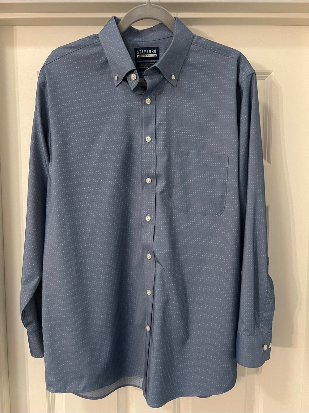 Stafford Tech Stretch Blue Gray Dot-Print Slim Fit Dress Shirt - L 16-16.5 32/33